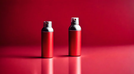 Two spray cans on a red background. Minimalism concept.の素材