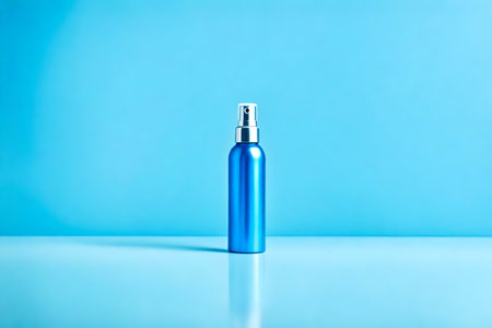 Blue cosmetic bottle on a blue background. Beauty and skin care concept.の素材