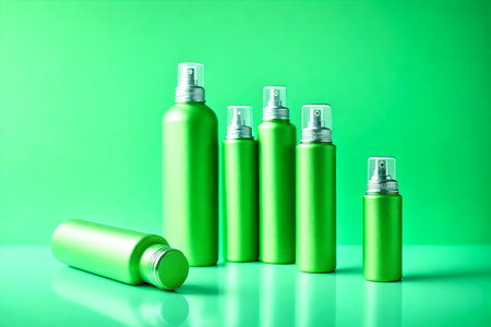 Set of green spray bottles on green background. Mockup for designの素材