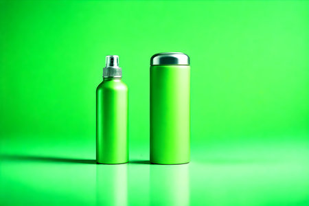 Blank green cosmetic bottle on green background. Mock up, 3D renderingの素材