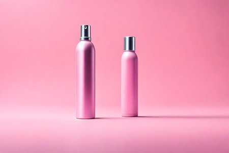 Pink cosmetic bottle on a pink background. Beauty and spa concept.の素材