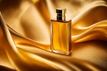 Perfume bottle on golden satin cloth background, closeupの素材