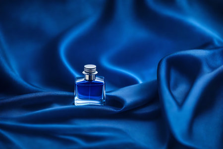 Perfume bottle on blue silk background with space for text.の素材