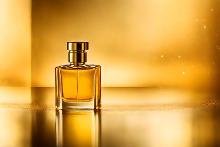 Perfume bottle on golden background, closeup. Beauty and fashion conceptの素材