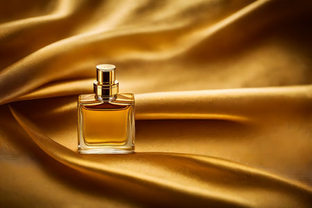 Perfume bottle on golden satin background, close-upの素材