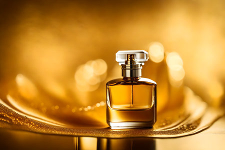 Perfume bottle on golden background. Shallow depth of field.の素材
