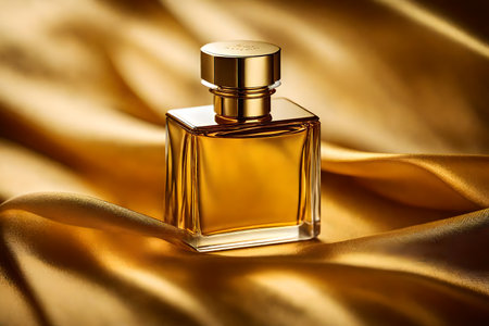 Perfume bottle on golden satin cloth background, closeupの素材