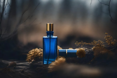 Perfume bottle on a misty forest background. 3d renderingの素材
