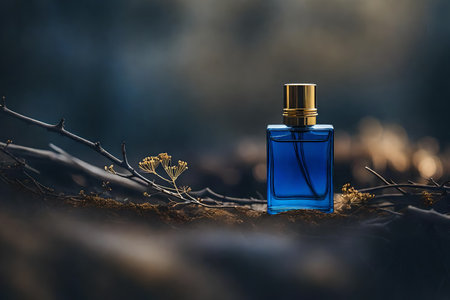 bottle of perfume on the background of the forest, close-upの素材