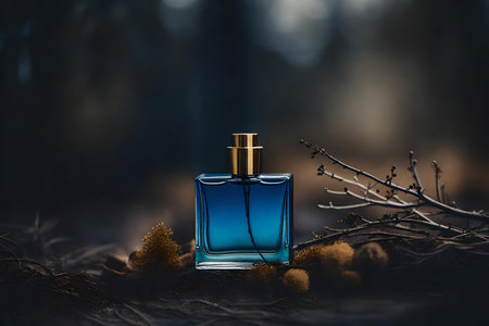 Perfume bottle on the dark forest background. Perfumery product.の素材