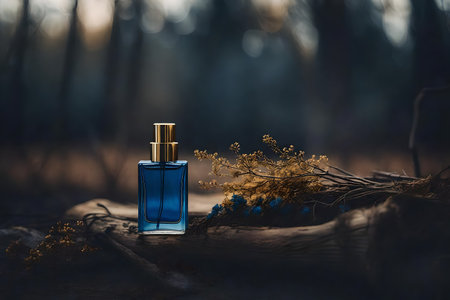 Perfume bottle on wooden table in the forest at sunset.の素材
