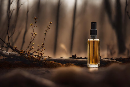 Perfume bottle on wooden background with dry plants in forest.の素材
