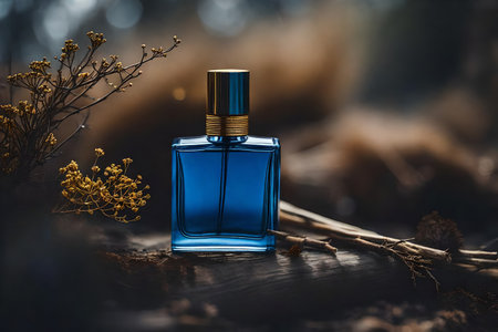 Bottle of perfume on a wooden table in the forest. Selective focus.の素材