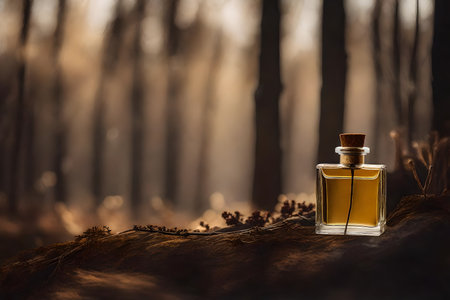 A bottle of perfume on the background of the forest and fog.の素材