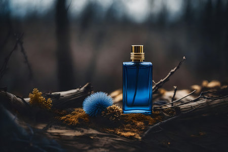 Perfume bottle with blue liquid on the wooden background in the forestの素材