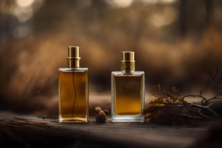 Perfume bottle on wooden table in forest. Vintage fragrance.の素材