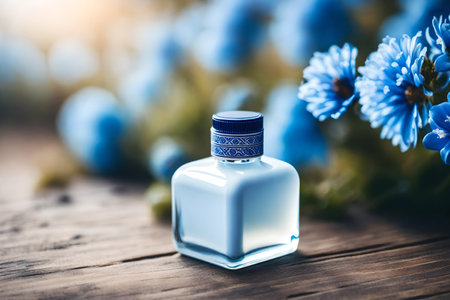 Bottle of perfume with blue flowers on a wooden table. Selective focus.の素材