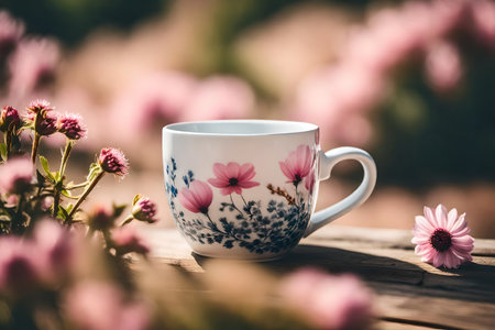 Cup of coffee with pink flowers on a wooden table in the gardenの素材