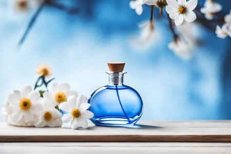 Perfume bottle with flowers on wooden table and blue background.の素材