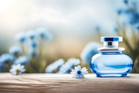 Perfume bottle on wooden table with blue flowers in background.の素材