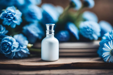 cosmetic cream bottle with blue flowers on wooden background, selective focusの素材