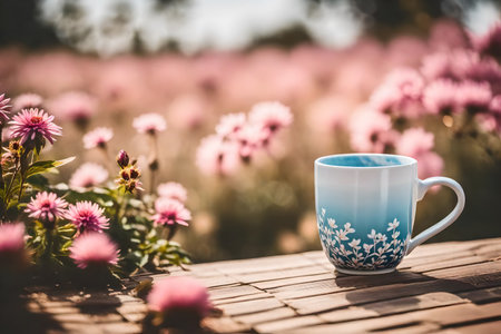 Coffee cup on wooden table with pink flowers in the gardenの素材