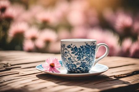 Coffee cup on wooden table with beautiful pink flowers background.の素材