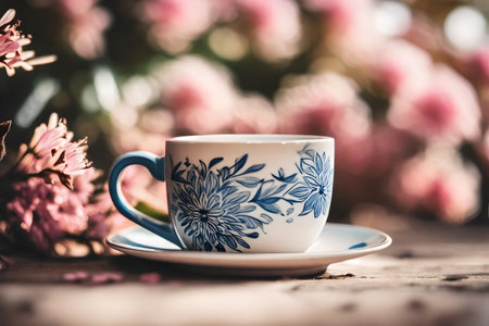 Cup of coffee on a wooden table with flowers in the backgroundの素材