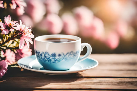 Coffee cup and spring flowers on wooden table, vintage toneの素材