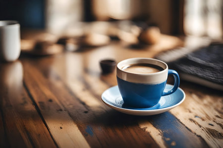 Coffee cup on wooden table in coffee shop, stock photoの素材