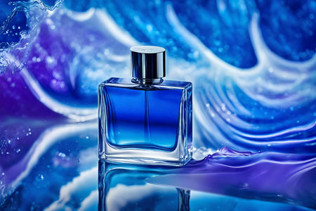 Perfume bottle on blue background with water splashes, close upの素材