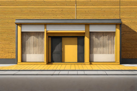 3d rendering of a yellow shop front with a yellow door.の素材