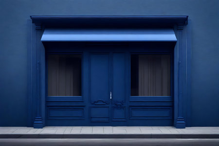 Blue wooden door on blue wall, 3d rendering. Computer digital drawing.の素材