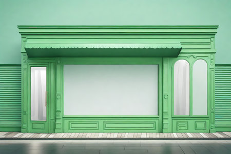 Green shop facade with a blank white board. 3d rendering.の素材
