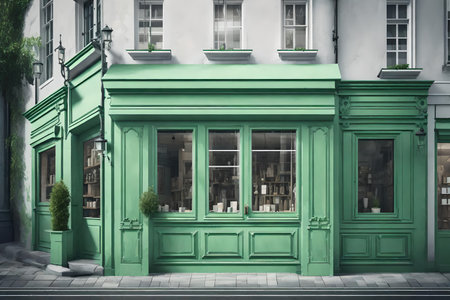3d render of a classic green shop facade with bookshelfの素材