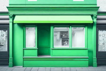 Green facade of shop in the city. 3d render illustration.の素材