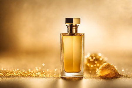 Perfume bottle on golden background. Luxury fragrance bottle.の素材