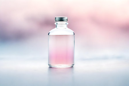 Glass bottle of essential oil on a white table with a pink backgroundの素材