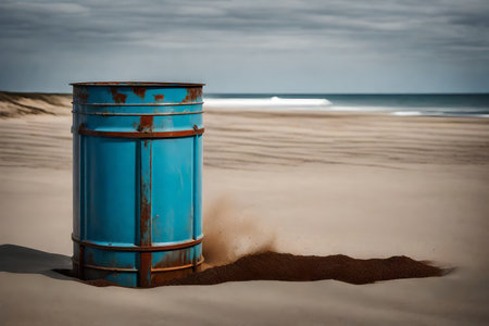 Blue barrel in the sand on the beach with stormy sky backgroundの素材