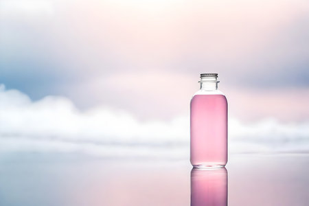 Glass bottle with pink liquid on the background of the sea and skyの素材