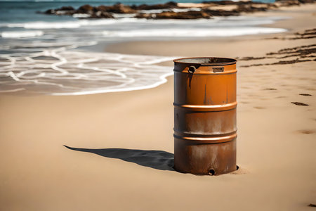 Barrel on the beach with sand and waves in the background.の素材