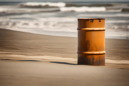 Oil barrels on the beach at sunset, shallow depth of fieldの素材