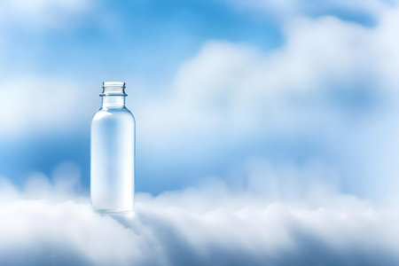 Glass bottle on blue sky background with clouds. 3D rendering.の素材