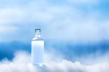 bottle of water on blue sky and cloud background with copy spaceの素材