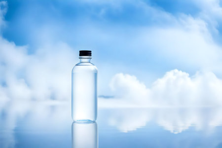 bottle of water on blue sky background with clouds, copy spaceの素材
