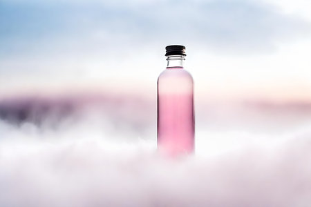 bottle with pink liquid on a background of white clouds and skyの素材