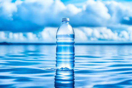 Plastic bottle of water on the water surface with blue sky backgroundの素材