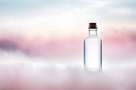 Glass bottle with empty label on a foggy background. 3d renderingの素材