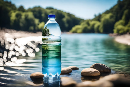 Bottle of mineral water on the river bank. Nature background.の素材