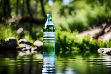 Bottle of mineral water on the background of green summer forest.の素材